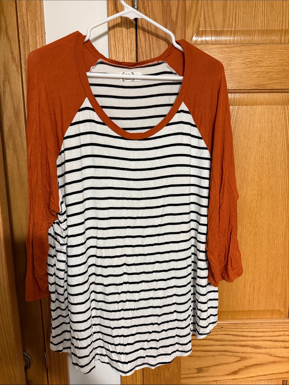 Casual Striped Maurice’s 24/7 Raglan Top with Rust Sleeves
